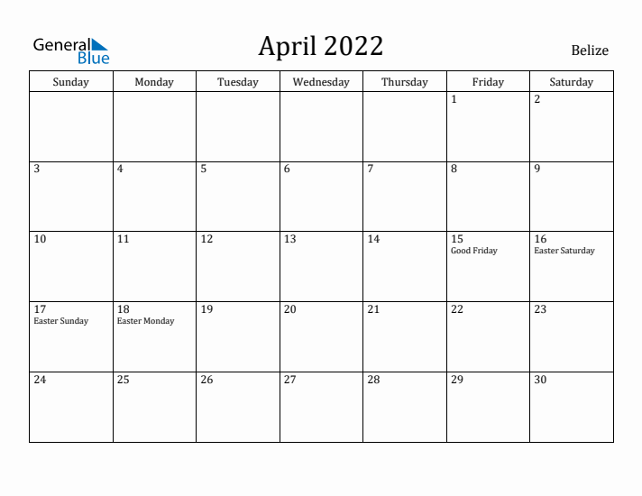 April 2022 Calendar Belize