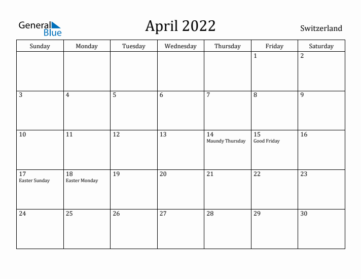 April 2022 Calendar Switzerland