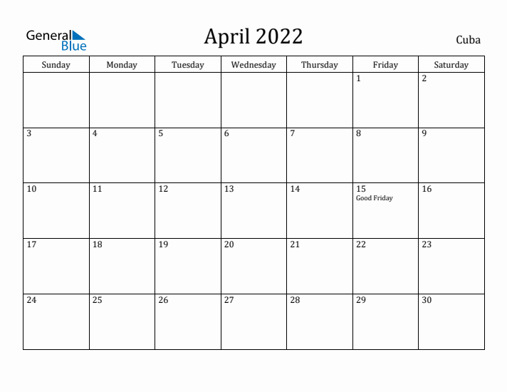 April 2022 Calendar Cuba