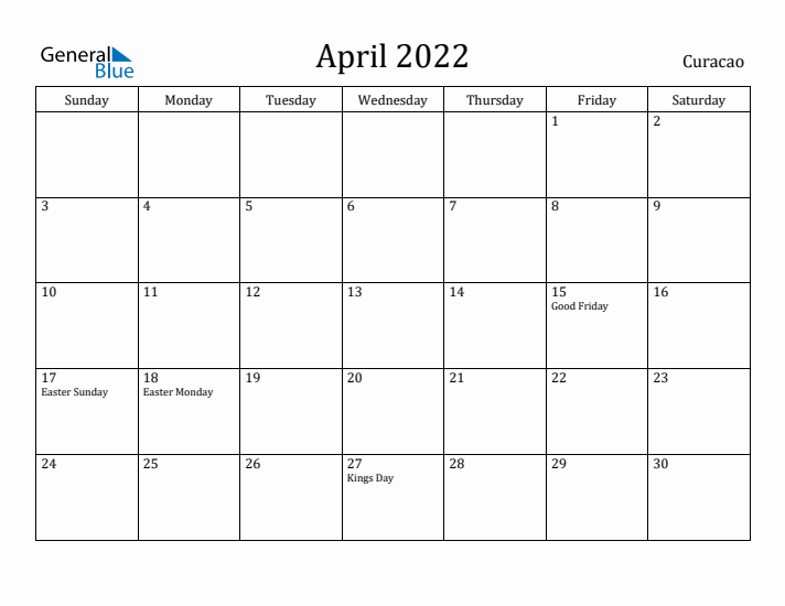 April 2022 Calendar Curacao