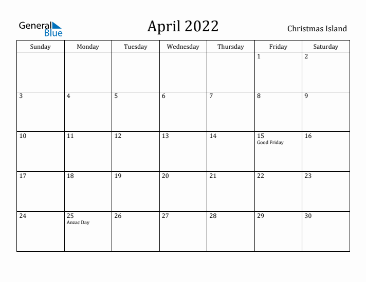 April 2022 Calendar Christmas Island