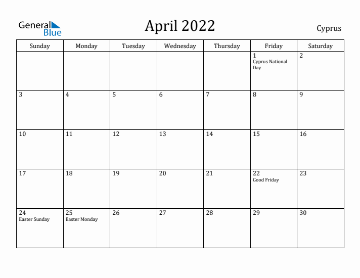 April 2022 Calendar Cyprus