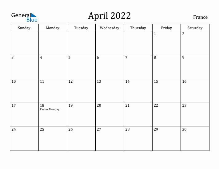 April 2022 Calendar France