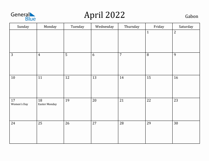 April 2022 Calendar Gabon