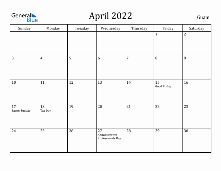 April 2022 Calendar Guam