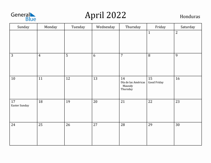 April 2022 Calendar Honduras