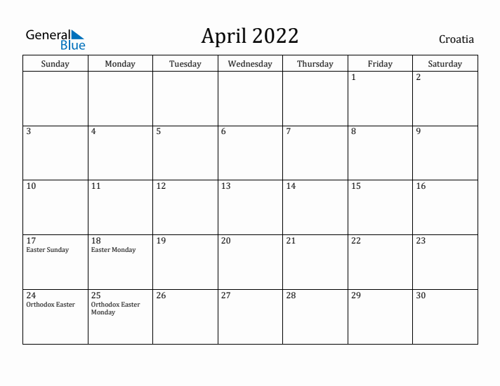 April 2022 Calendar Croatia