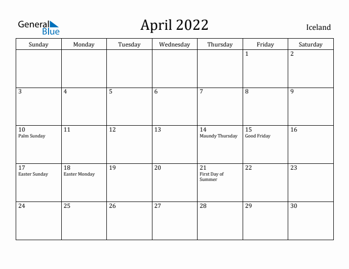 April 2022 Calendar Iceland