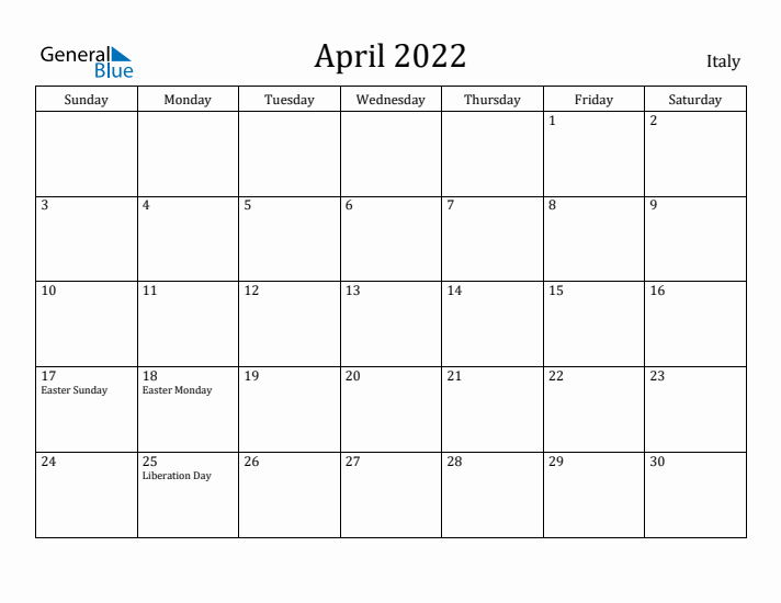 April 2022 Calendar Italy