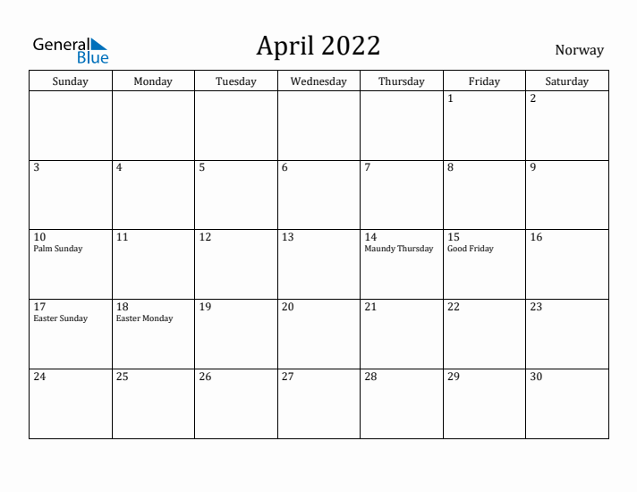 April 2022 Calendar Norway