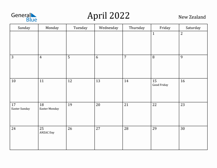 April 2022 Calendar New Zealand