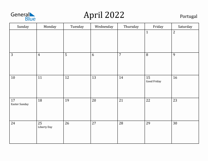 April 2022 Calendar Portugal