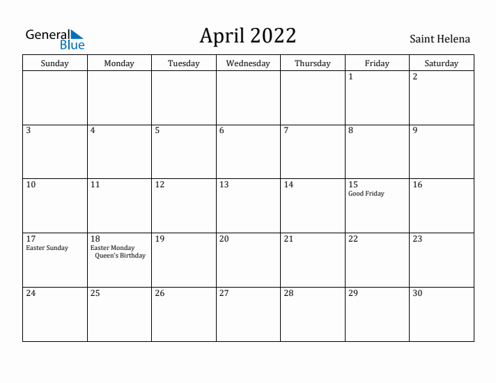 April 2022 Calendar Saint Helena