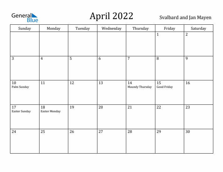 April 2022 Calendar Svalbard and Jan Mayen