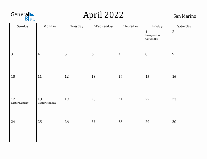 April 2022 Calendar San Marino