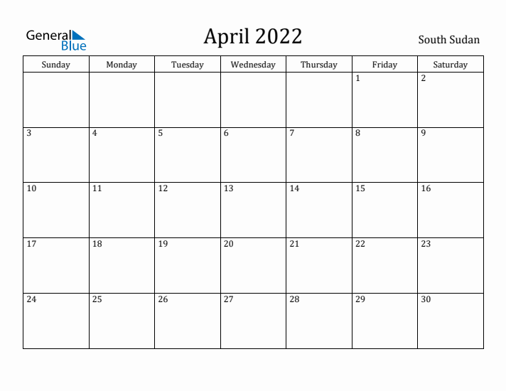 April 2022 Calendar South Sudan