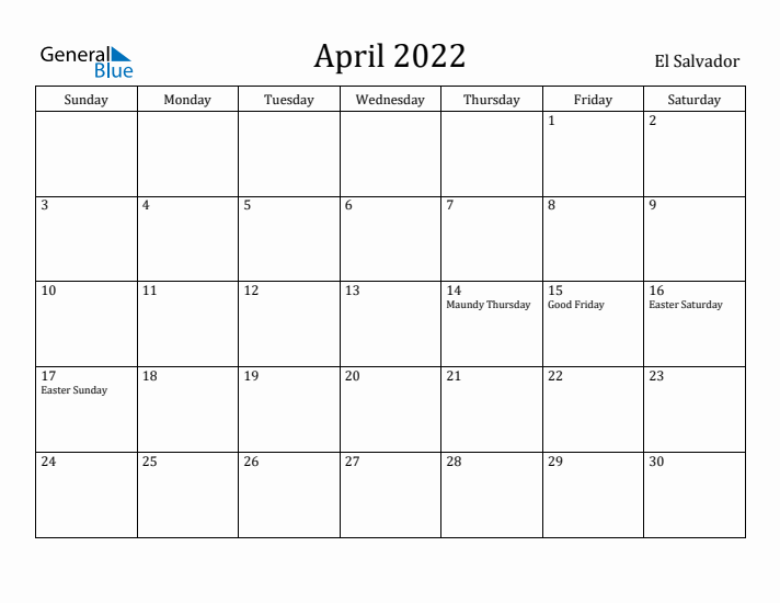 April 2022 Calendar El Salvador