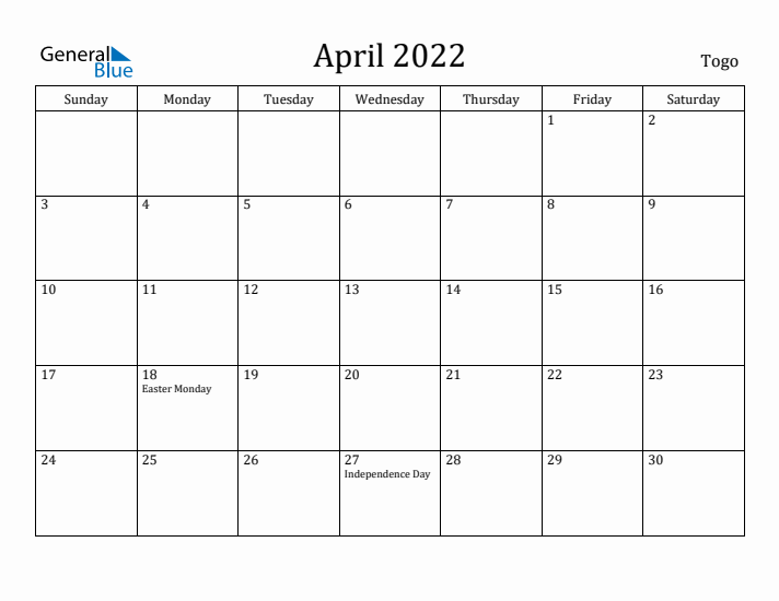 April 2022 Calendar Togo