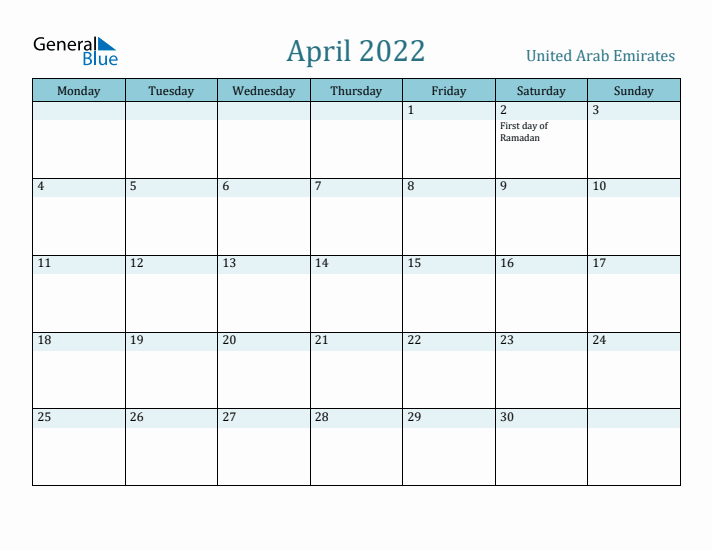 April 2022 Calendar with Holidays