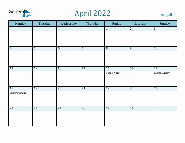 April 2022 Calendar with Holidays