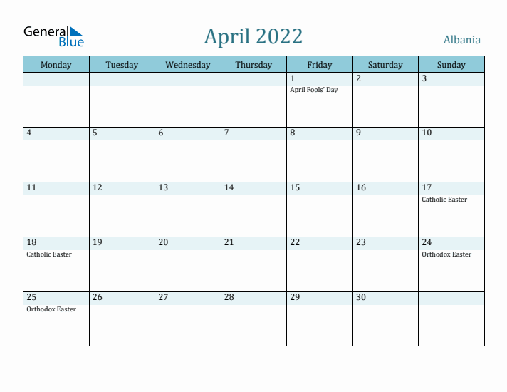 April 2022 Calendar with Holidays