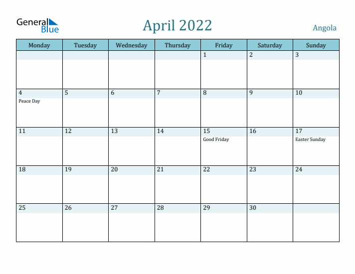 April 2022 Calendar with Holidays