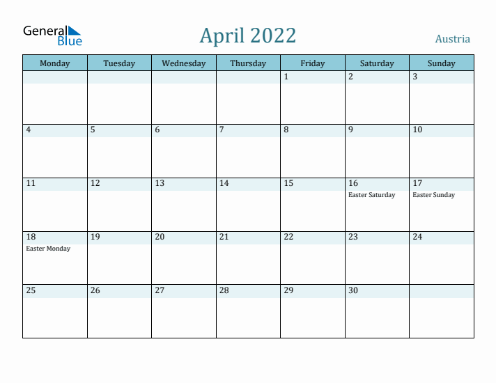 April 2022 Calendar with Holidays