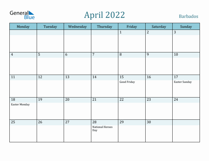 April 2022 Calendar with Holidays