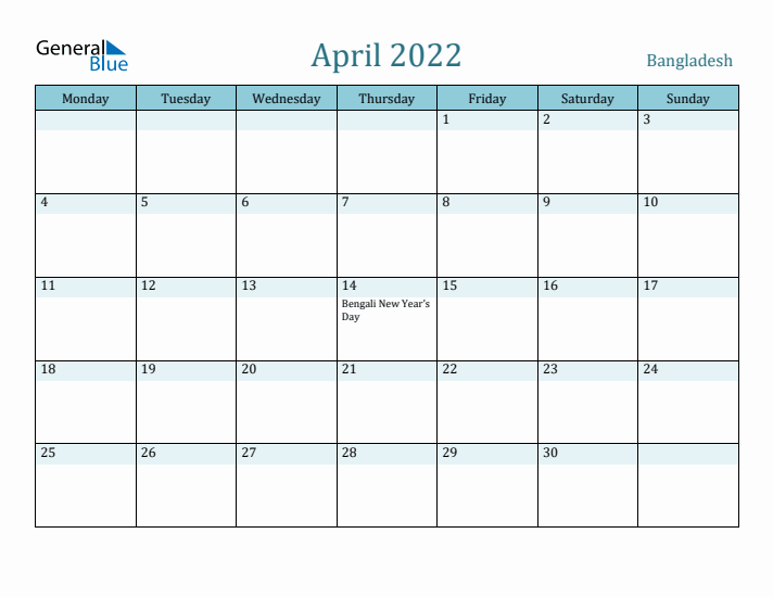 April 2022 Calendar with Holidays