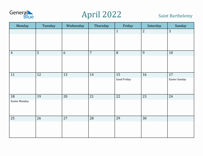 April 2022 Calendar with Holidays