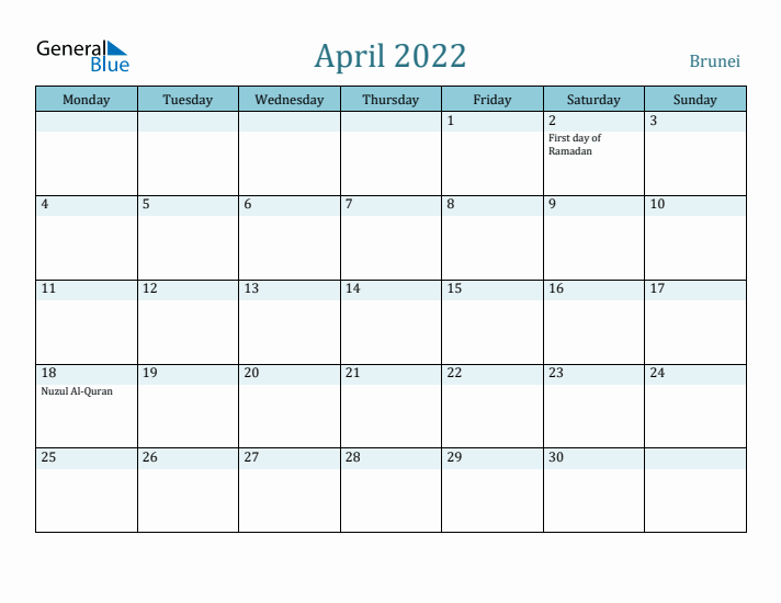 April 2022 Calendar with Holidays