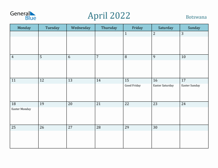 April 2022 Calendar with Holidays