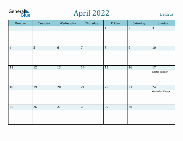 April 2022 Calendar with Holidays