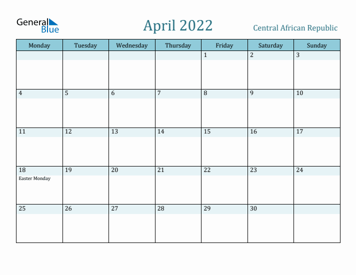 April 2022 Calendar with Holidays