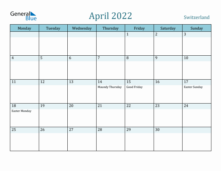 April 2022 Calendar with Holidays