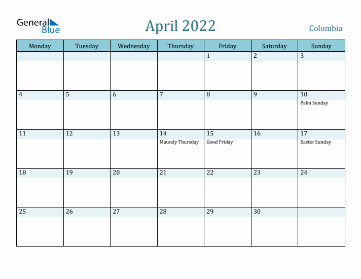 April 2022 Calendar with Holidays