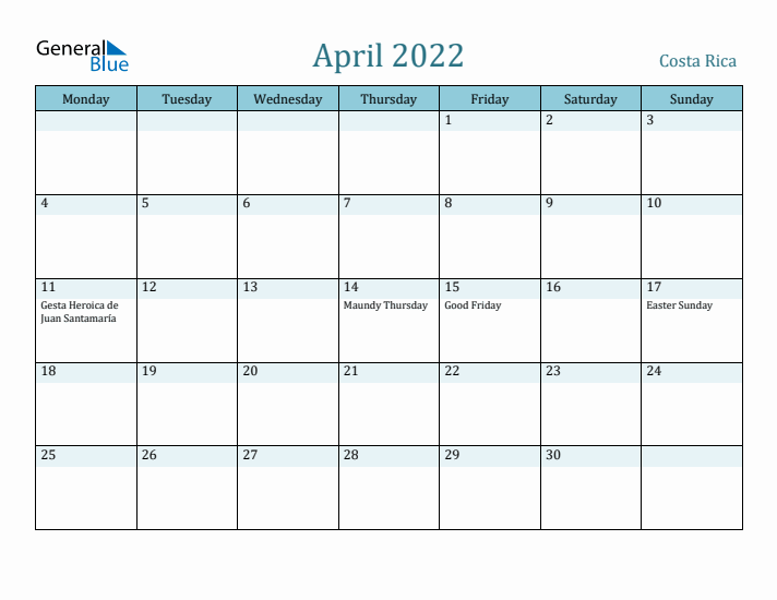 April 2022 Calendar with Holidays