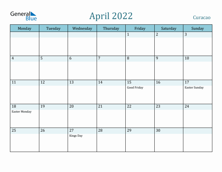 April 2022 Calendar with Holidays