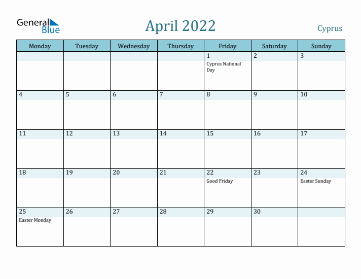 April 2022 Calendar with Holidays