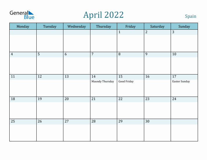 April 2022 Calendar with Holidays