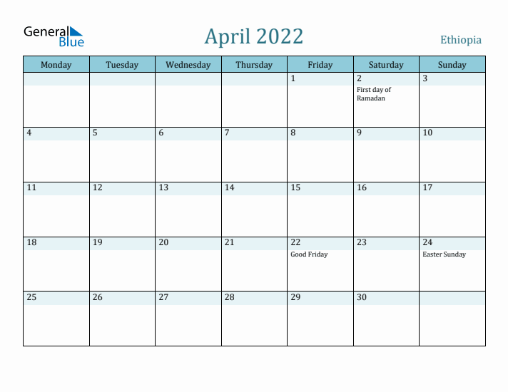 April 2022 Calendar with Holidays