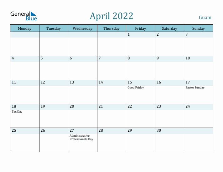 April 2022 Calendar with Holidays