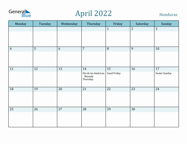 April 2022 Calendar with Holidays