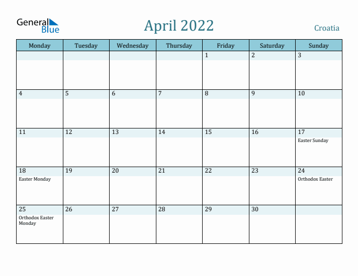 April 2022 Calendar with Holidays