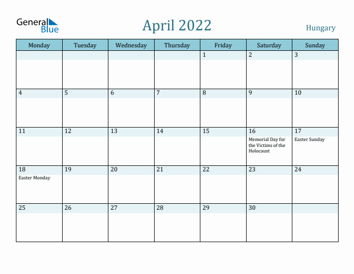 April 2022 Calendar with Holidays