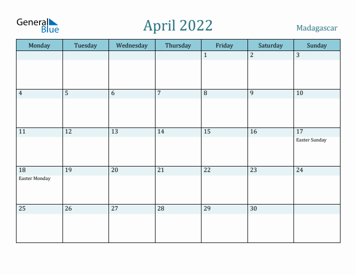 April 2022 Calendar with Holidays