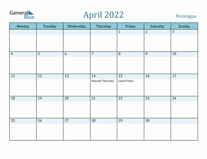 April 2022 Calendar with Holidays