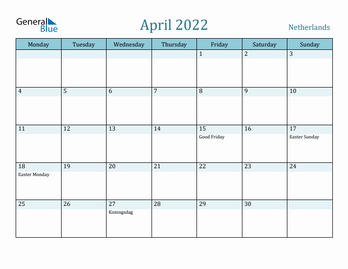 April 2022 Calendar with Holidays