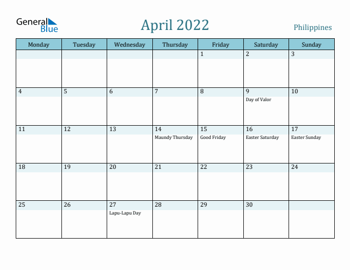 April 2022 Calendar with Holidays