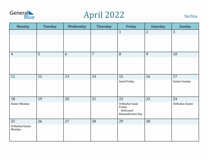 April 2022 Calendar with Holidays